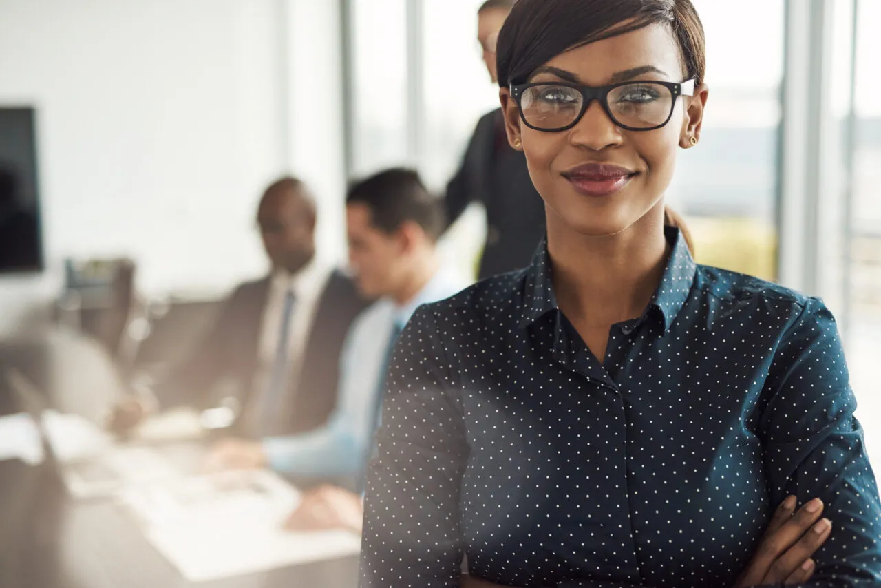 Beautiful,Young,Grinning,Professional,Black,Woman,In,Office,With,Eyeglasses,
