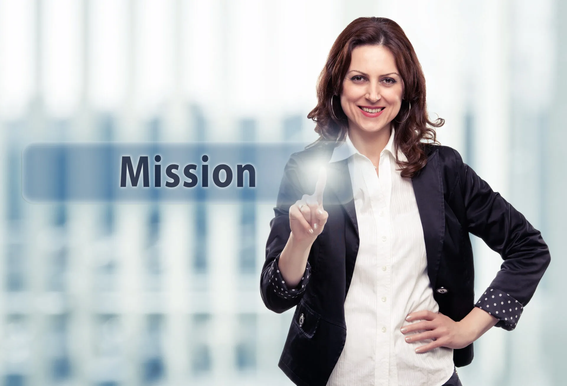 Business,Woman,Pressing,Mission,Button,At,Her,Office.,Toned,Photo