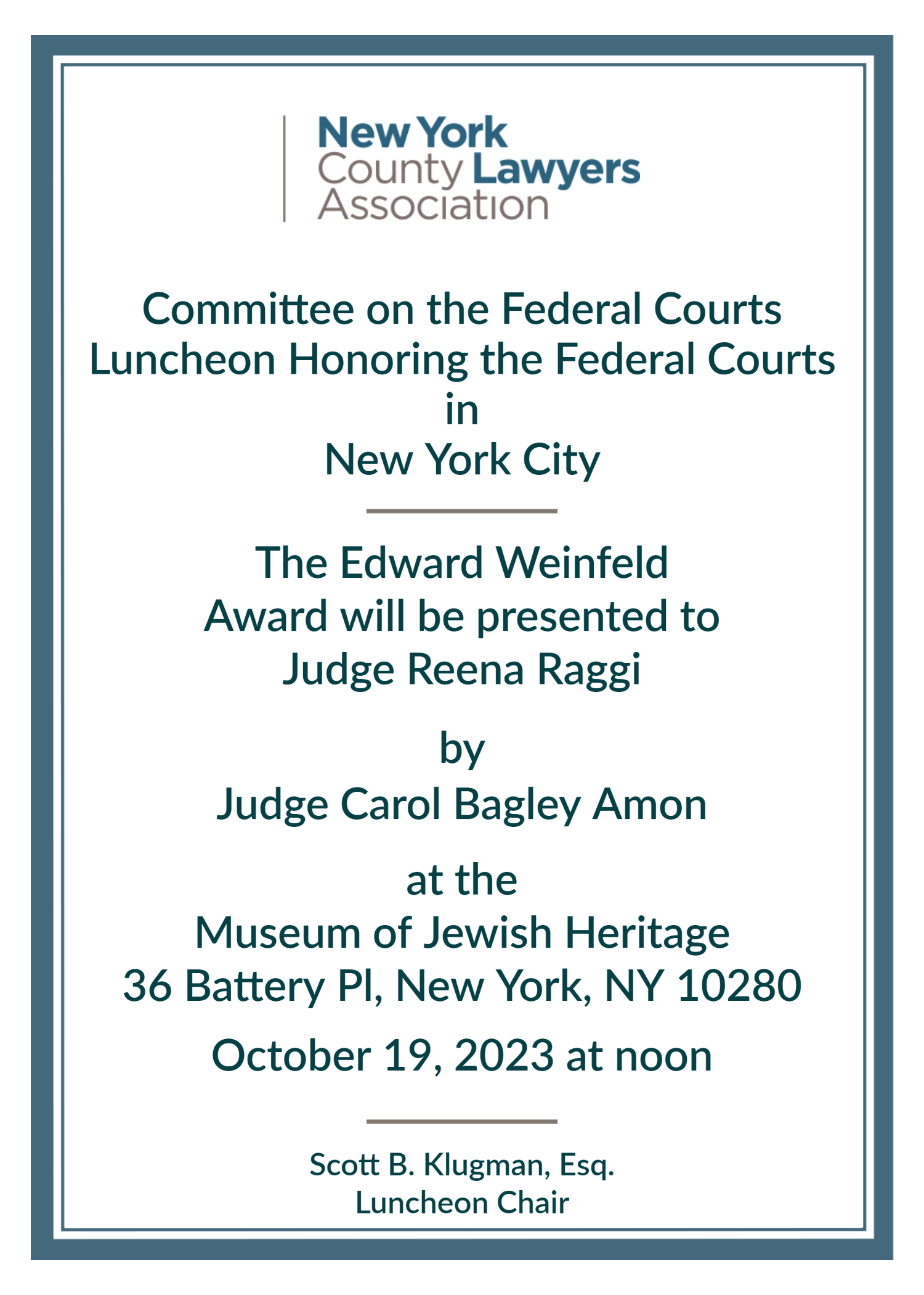 NYCLA Federal Courts Committee Edward Weinfeld Luncheon Invite