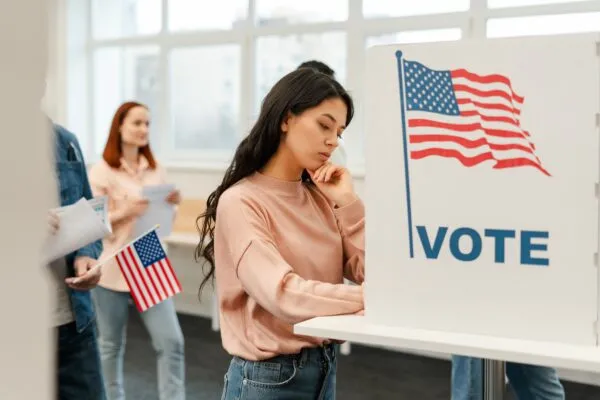Pensive,Young,Woman,,Asian,Voter,Waiting,In,Line,,Standing,In