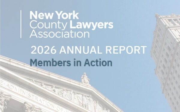 NY County Lawyers Association 2026 Annual Report cover with city building backgr.