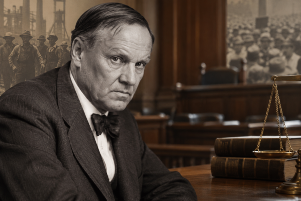 Portrait of Clarence Darrow in a courtroom setting with legal books.