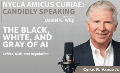 Event poster for NYCLA discussing AI ethics with speaker Cyrus R. Vance Jr.