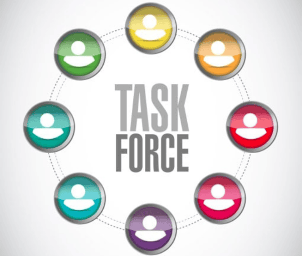 Illustration of diverse legal task force members connected in a circle.