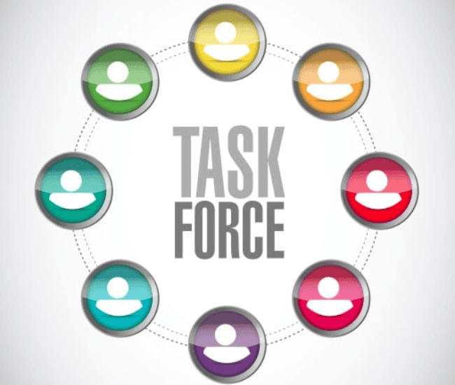 Illustration of diverse legal task force members connected in a circle.