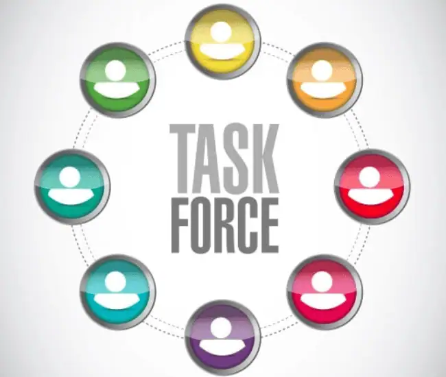 Illustration of diverse legal task force members connected in a circle.