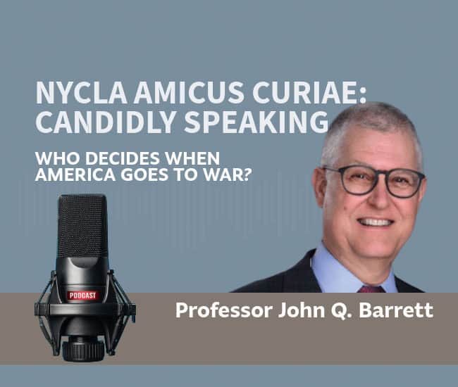 Professor John Q. Barrett speaking at NYCLA event about war decisions.