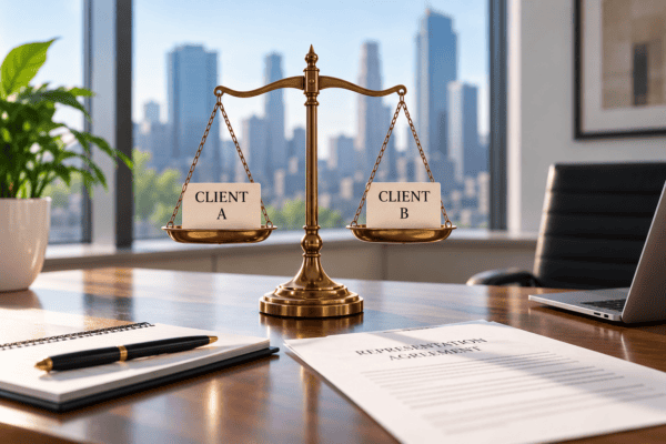 Scales of justice balancing two client documents in an office setting.