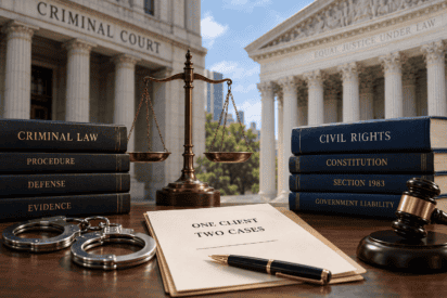 Legal books, scales, and gavel on a courthouse desk for legal case analysis.