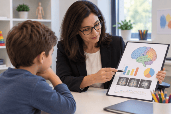 Neuropsychologist explains brain charts to young patient in office.