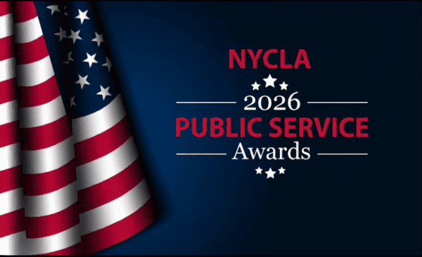 NYCLA 2026 Public Service Awards event banner with American flag.