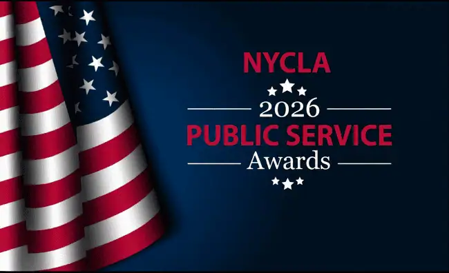 NYCLA 2026 Public Service Awards event banner with American flag.