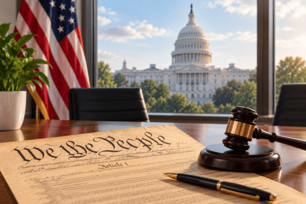Legal gavel, Constitution, and Capitol building in background.