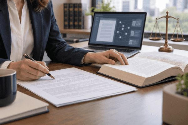 Legal professional working with documents and AI technology at desk.