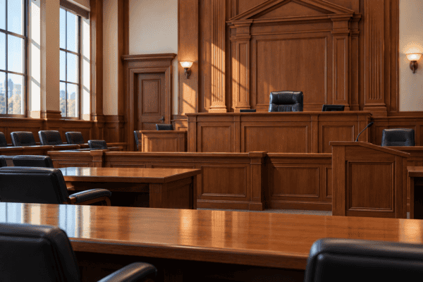 Empty courtroom with wooden panels and judge's bench.